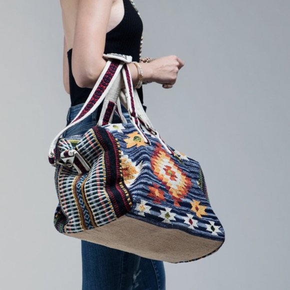 Boho Travel Duffel Bag - Ethnic Inspired Navajo Aztec Southwestern Design - Picture 3 of 10